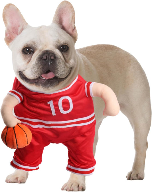 Dog Basketball Player Costume – Funny Pet Halloween Costume with Foam Basketball, Adjustable Sports Outfit Cosplay Clothes for Small & Medium Dogs and Cats (Red, Medium)