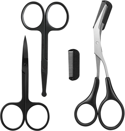 Eyebrow Scissors with Comb – 3PCS Facial Hair Grooming Kit for Men & Women, Precision Stainless Steel Eyebrow, Nose, Mustache, Beard & Eyelash Trimmer Scissors with Rounded Safety Tips – Portable & Travel-Friendly (Black)