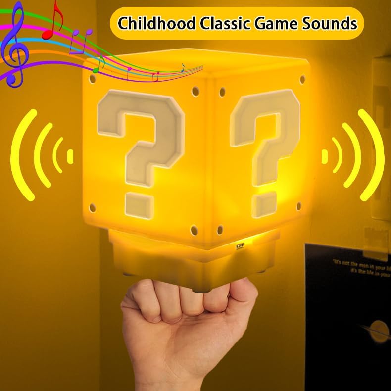 LED Question Mark Block Night Light with Music – USB Rechargeable Desk Lamp Gift for Gamers & Kids