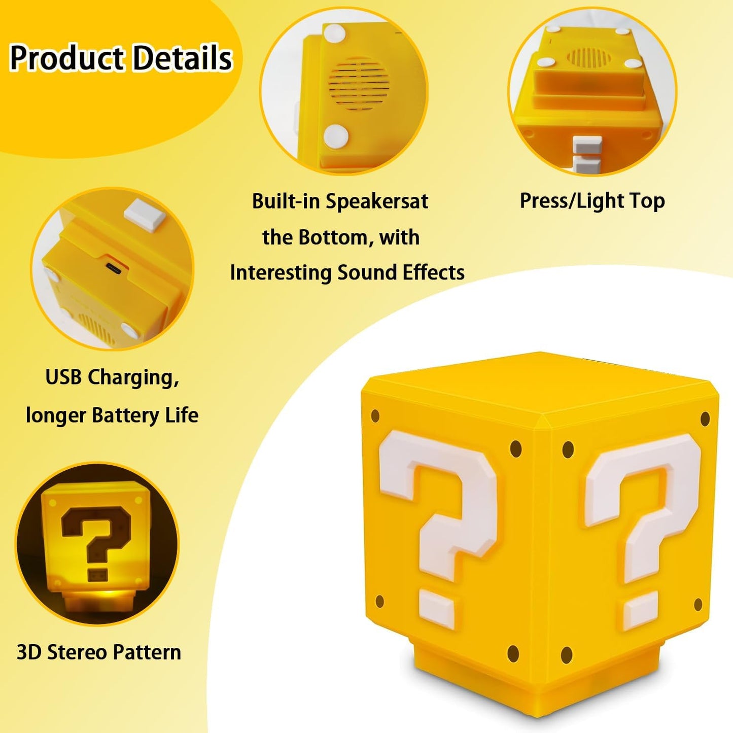 LED Question Mark Block Night Light with Music – USB Rechargeable Desk Lamp Gift for Gamers & Kids