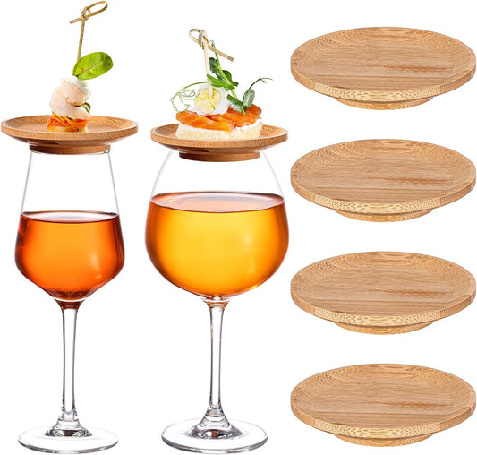 4 Pcs Bamboo Wine Glass Charcuterie Topper Plates – 4" Round Appetizer Boards & Drink Covers, Dual-Use Wine Glass Charcuterie Boards for Parties, Christmas, Weddings, Bars & Restaurants