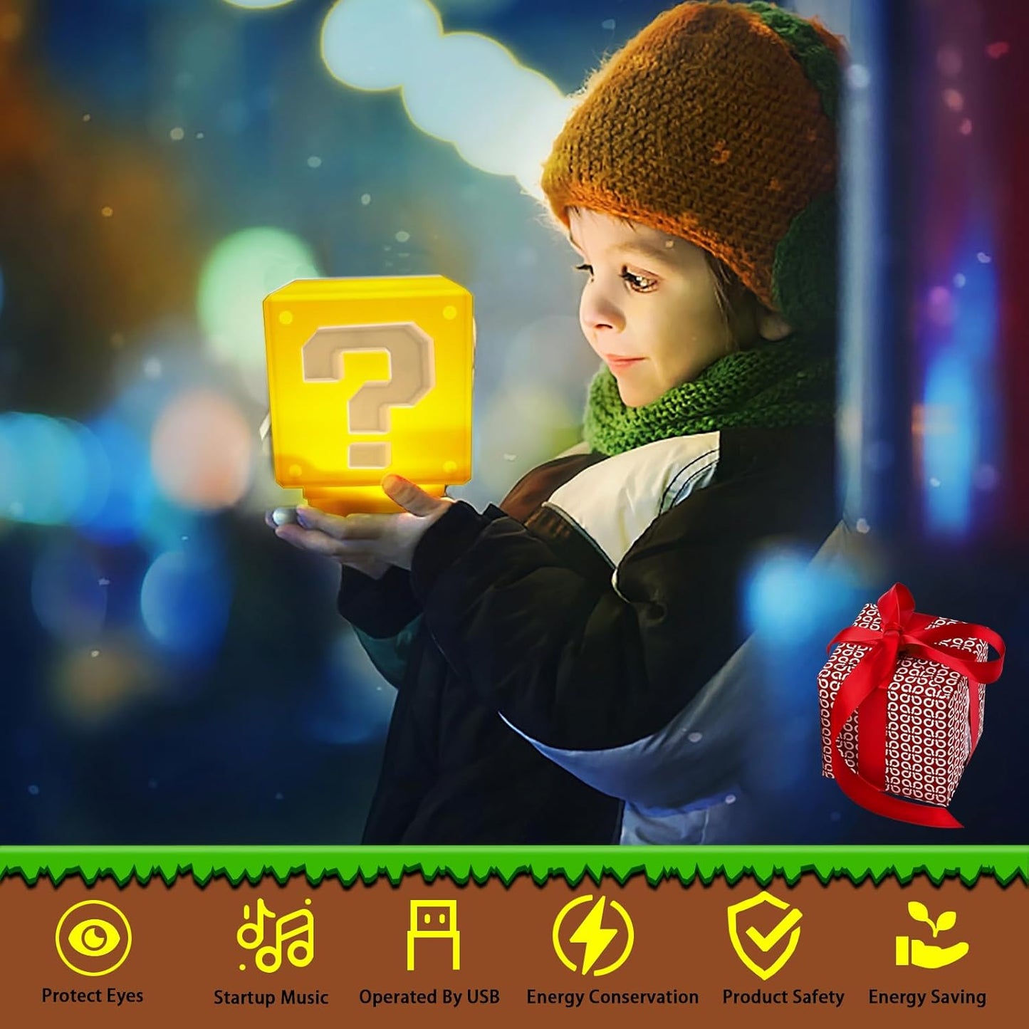 LED Question Mark Block Night Light with Music – USB Rechargeable Desk Lamp Gift for Gamers & Kids