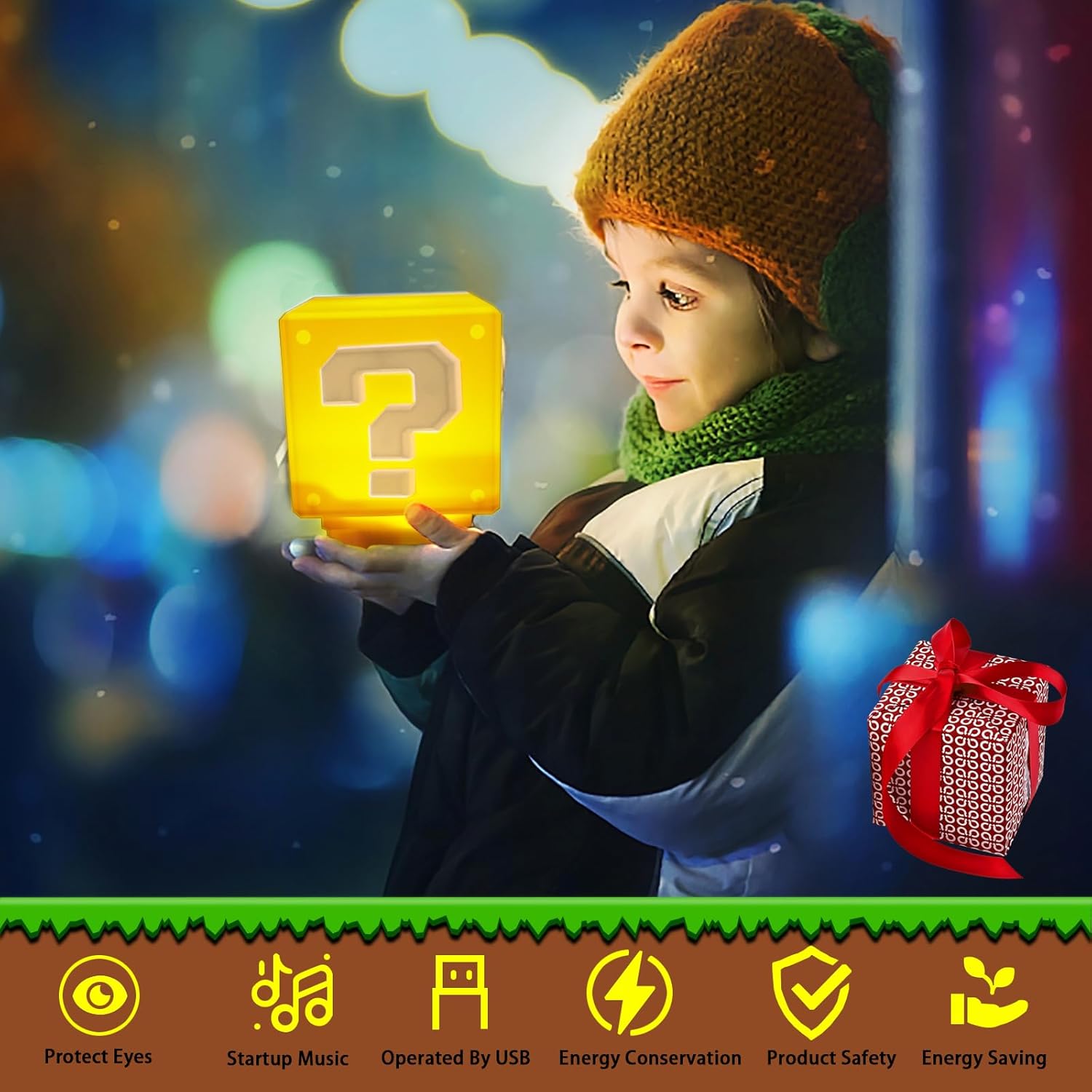 LED Question Mark Block Night Light with Music – USB Rechargeable Desk Lamp Gift for Gamers & Kids