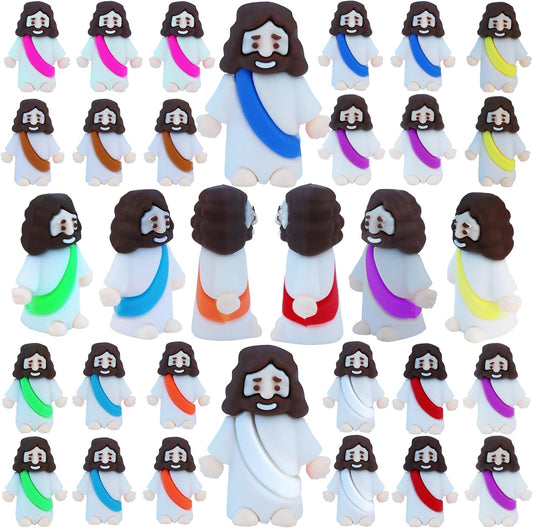 32 Pcs Mini Jesus Figures Easter Pocket Toys – Rubber Little Jesus Figurines for Baptism, Sunday School, Easter Egg Stuffers, Religious Party Favors (Mix 10 Colors)