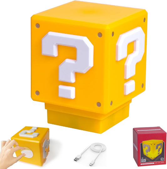 LED Question Mark Block Night Light with Music – USB Rechargeable Desk Lamp Gift for Gamers & Kids