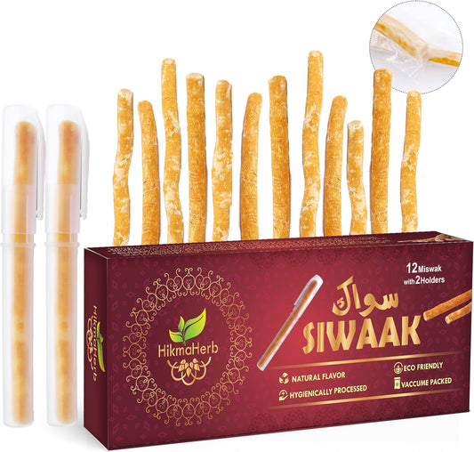 HikmaHerb Miswak Sticks (12 Pack) with 2 Holders – Natural Teeth Whitening, Fresh Breath & Oral Care